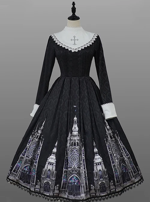 Cross Church Series Nun Style Church Stained Glass Window Printing Dark Black Gothic Lolita Long Sleeves Long Dress OP 3 Cross Church Series Nun Style Church Stained Glass Window Printing Dark Black Gothic Lolita Long Sleeves Long Dress OP