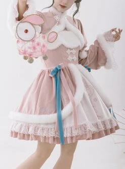 Peach Blossom Fan Series Pink Chinese Style Velvet Embroidery White Fluffy Hair Ball Lace Bowknot Puff Sleeve Short Coat Sleeveless Dress JSK -MIMY Lolita Shop 1 500x672 384