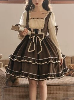 Fog Brown Series Retro Doll Sense Elegant Square Collar Chiffon Puff Sleeve Brown Sweet Lolita Long-Sleeved Dress -MIMY Lolita Shop 1 500x672 391