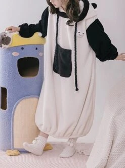 Tuantuan Series Animal Theme Black White Cute Panda Fur Ball Tail Daily Hooded Bud Hem Long Sleeves Dress Soft Nightdress -MIMY Lolita Shop 1 500x672 403