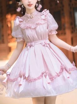 Lovely Ancient Style Peach Blossom Dark Pattern Lace Stand Collar Pearl Bowknot Small Bell Decoration Sweet Lolita Puff Sleeve Dress -MIMY Lolita Shop 1 500x672 404