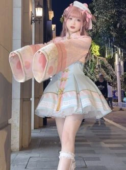 Little Zombie Series Pink Traditional Chinese Knot High Waist Cute Playful Sweet Lolita Long Sleeves Shirt Short Dress Hat Set -MIMY Lolita Shop 1 500x672 406