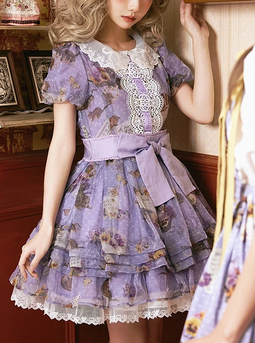 Handmade Cat Series Low Saturation Light Purple Pansy Kitty Pastoral Butterfly Book Print Sweet Lolita Puff Sleeves Dress 6 Handmade Cat Series Low Saturation Light Purple Pansy Kitty Pastoral Butterfly Book Print Sweet Lolita Puff Sleeves Dress - Image 4