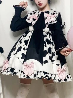 Sweet Snow Ranch Story Series OP Pleated Hem Design Bowknot Sweet Cow Color Sweet Lolita Long Sleeve Dress -MIMY Lolita Shop 1 500x672 420