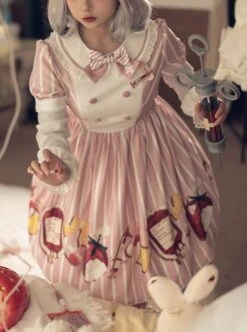 Striped Bow Doll Collar Detachable Sleeves Strawberry Blood Bag Syringe Print Striped Halloween Sweet Lolita Long Sleeve Dress -MIMY Lolita Shop 1 500x672 423