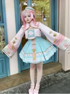 Little Zombie Series Pink Chinese Knot Traditional Elements High Waist Cute Playful Sweet Lolita Long Sleeves Dress Set -MIMY Lolita Shop 1 500x672 429