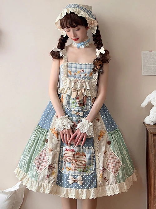 Squirrel Market Series Retro Pastoral Style Lace Bow Decoration Patchwork Skirt Sweet Lolita Sleeveless Dress 3 Squirrel Market Series Retro Pastoral Style Lace Bow Decoration Patchwork Skirt Sweet Lolita Sleeveless Dress