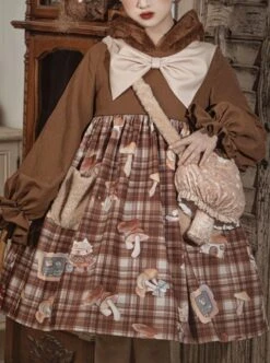 Mushroom Raccoon Series OP Cute Printing Plush Pockets Brown Hooded Sweet Lolita Long Sleeve Dress -MIMY Lolita Shop 1 500x672 437