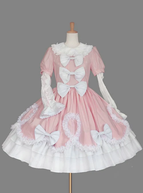 Pink And White Round Neck Bow Lovely Sweet Lolita Dress 3 Pink And White Round Neck Bow Lovely Sweet Lolita Dress