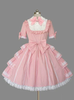 Pink Cotton Lapel Bowknot Sweet Lolita Short Sleeves Dress -MIMY Lolita Shop 1 500x672 452