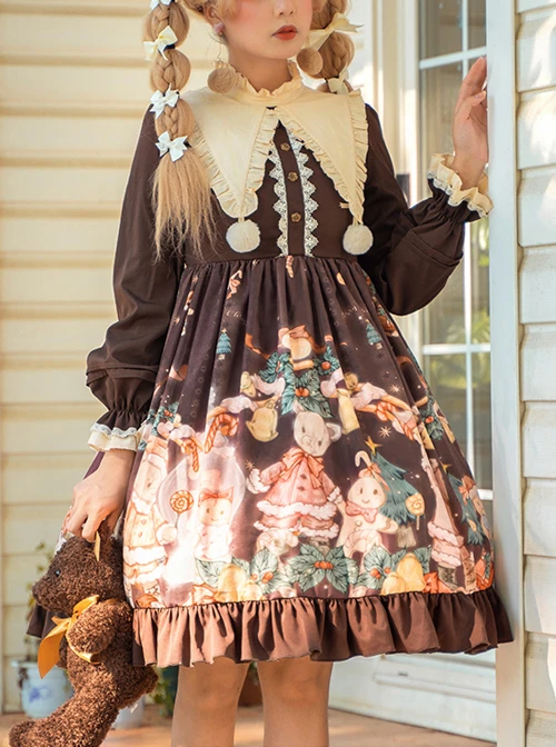 Christmas Bear Series OP Cute Printing Plush Ball Ruffle Pointed Collar Sweet Lolita Brown Long Sleeve Dress 5 Christmas Bear Series OP Cute Printing Plush Ball Ruffle Pointed Collar Sweet Lolita Brown Long Sleeve Dress - Image 3
