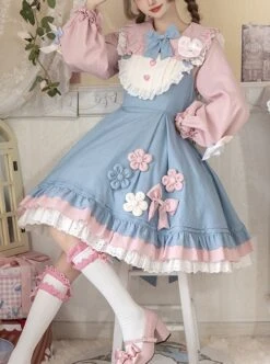 Plum Flower Snow Rabbit Series Sweet Lolita Blue Pink Plum Flower Bowknot Decoration Long Sleeve Shirt Sleeveless Dress Set -MIMY Lolita Shop 1 500x672 460