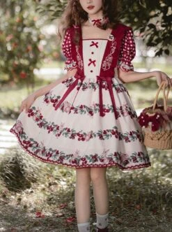 Midsummer Orchard Series Pastoral Style Ruffle Red Cherry Bunny Print Sweet Lolita Checkered Puff Sleeves Dress -MIMY Lolita Shop 1 500x672 465