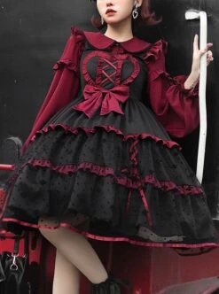 Silent Portrait Series JSK Red Bowknot Three-stage Hem Black Sweet Lolita Ruffle Sling Dress -MIMY Lolita Shop 1 500x672 467