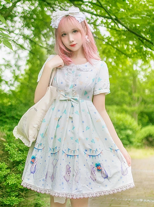 Cute Lop-eared Rabbit Printing Sweet Lolita Short Sleeve Dress 3 Cute Lop-eared Rabbit Printing Sweet Lolita Short Sleeve Dress