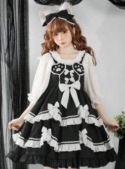 MIMY Lolita Shop 3 Sweet And Spicy Heart-Shaped Cat Claw Decoration Bow Black And White Pleated Sweet Lolita Suspenders Sleeveless Dress