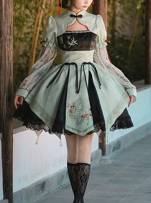 Orchid Pavilion Chinese Style Bamboo Leaves Auspicious Clouds Green Print Elegant Splice Lace Broad Sleeves Classic Lolita Dress OP 7 Orchid Pavilion Chinese Style Bamboo Leaves Auspicious Clouds Green Print Elegant Splice Lace Broad Sleeves Classic Lolita Dress OP - Image 5