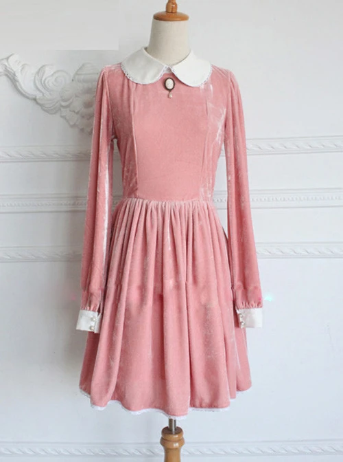 Retro Pink Pleuche Round Collar Long Sleeves Classic Lolita Dress 3 Retro Pink Pleuche Round Collar Long Sleeves Classic Lolita Dress