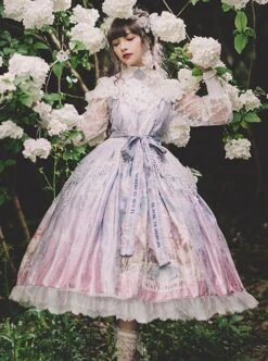 Echo Voice Series SP Printing Back Placket V Collar Cuff Drawstring Tea Party Style Classic Lolita Lace Long Sleeves Dress -MIMY Lolita Shop 1 500x672 485