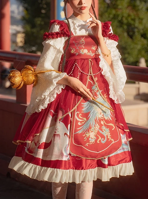 Morning Dew Series JSK Weaving Gold Craft Chinese Style Retro Gorgeous Printing Classic Lolita Sling Dress 9 Morning Dew Series JSK Weaving Gold Craft Chinese Style Retro Gorgeous Printing Classic Lolita Sling Dress - Image 7