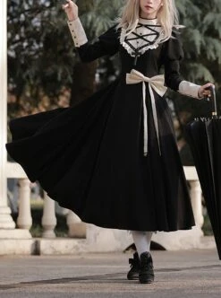 Twilight Mail Series White Ruffled Edge Splicing Black Big Hem Bowknot Classic Lolita Juliet Sleeves Dress -MIMY Lolita Shop 1 500x672 490
