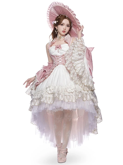 Riparbella Series White Pink Noble Gorgeous Flower Wedding Classic Ribbon Bowknot Ruffles Lolita Sleeveless Dress Hat Set 5 Riparbella Series White Pink Noble Gorgeous Flower Wedding Classic Ribbon Bowknot Ruffles Lolita Sleeveless Dress Hat Set - Image 3