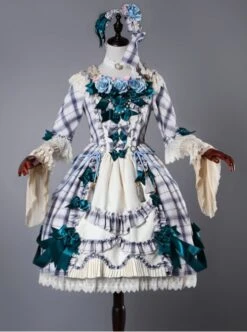 Neckline Lace EmbroideryBlue High Waist Skirt Dress