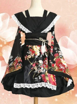 Japanese Style Flowers Printing Bowknot Black Kimono Classic Lolita Dress -MIMY Lolita Shop 1 500x672 508