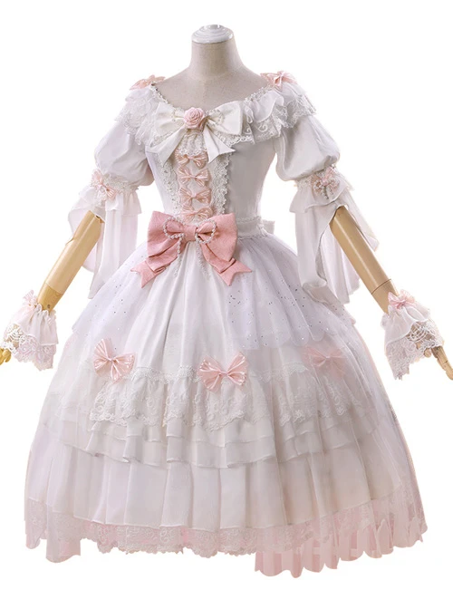 Elegant Pink Bowknot White Classic Lolita Wedding Dress 5 Elegant Pink Bowknot White Classic Lolita Wedding Dress - Image 3