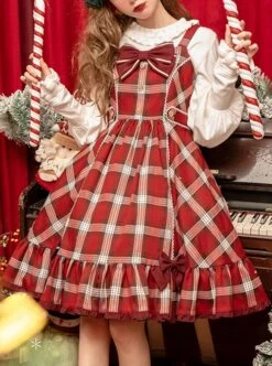Christmas Eve's Carol Series Red Plaid Sweet Red Bow Simple A-Line Skirt Christmas Classic Lolita Sleeveless Dress -MIMY Lolita Shop 1 500x672 548
