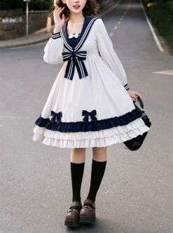 Heart Route Series OP White Sailor Suit V-Neck Design Bow Knots Decoration Long Sleeve Classic Lolita Dress -MIMY Lolita Shop 1 500x672 554