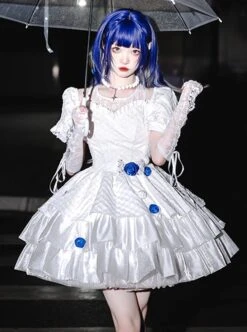 White Jacquard Lace Puff Sleeve Blue Rose Decoration Sexy Gothic Lolita Short Sleeve Dress -MIMY Lolita Shop 1 500x672 56