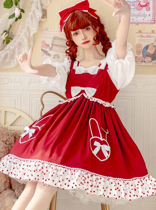 Bunny Jam Series Red Cute Polka-Dot Crinkled Hem Rabbit-Shaped Pocket Classic Lolita Princess Dress 6 Bunny Jam Series Red Cute Polka-Dot Crinkled Hem Rabbit-Shaped Pocket Classic Lolita Princess Dress - Image 4
