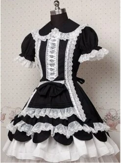 Black And White Puff Short Sleeves Ruffle Bow Lolita Dress