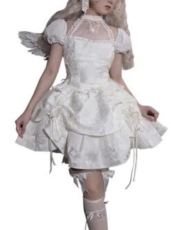 Butterfly Bone Series Pure White Dark Pattern Jacquard Texture Ruffles Embroidered Butterfly Lace Classic Lolita Puff Sleeves Dress OP -MIMY Lolita Shop 1 500x672 587