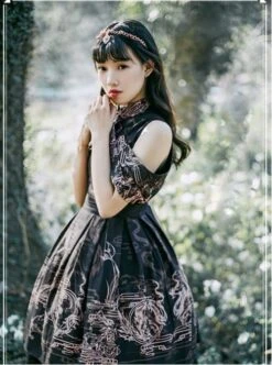 Black Kowloon Missing Shoulder Print Dress -MIMY Lolita Shop 1 500x672 59