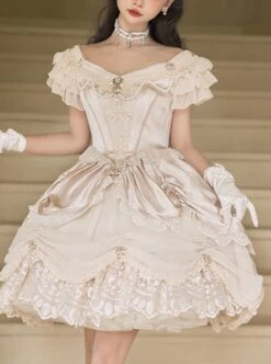 Elizabeth Little Star Flower Series Pure Color Satin Handmade Cross Star Pearl Palace Elegant Classic Lolita Short-Sleeved Dress -MIMY Lolita Shop 1 500x672 607