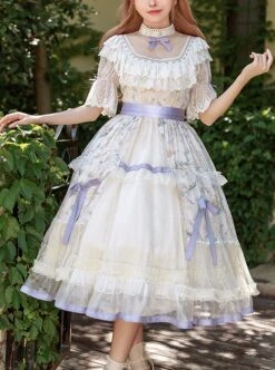 Edwardian Collar Bowknot Decoration Puff Sleeves Lace Ruffles Exquisite Printing Mosaic Crystal Yarn Classic Lolita Short-Sleeved Dress -MIMY Lolita Shop 1 500x672 609