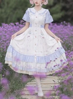 Tulip Bouquet Series Pastoral Style Doll Collar Lace Floral Plaid Lantern Sleeve Classic Lolita Short-Sleeved Dress -MIMY Lolita Shop 1 500x672 614