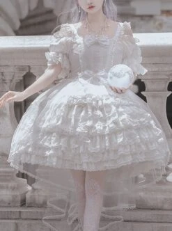Pure White Elegant Multi-Layer Gorgeous Hem Classic Lolita Bowknot Decoration Short-Sleeved Dress -MIMY Lolita Shop 1 500x672 615