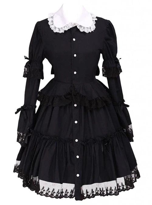 Black Lapel Ruffle Gothic Lolita Long Sleeve Dress 3 Black Lapel Ruffle Gothic Lolita Long Sleeve Dress