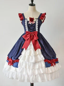 Delicate Print Ornament Pleated Lace Red Bow Knot Design Cross Tie Jacquard Lace Classic Lolita Dress -MIMY Lolita Shop 1 500x672 622