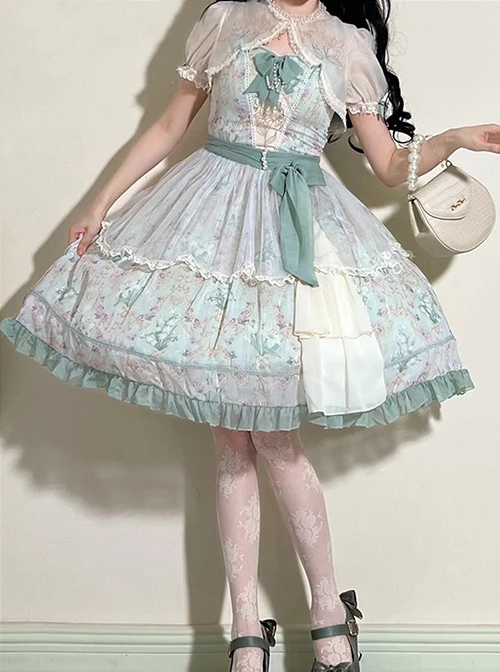 Lily Of The Valley Blossom Series Chiffon Lace Bowknot Pearl Chain Decoration Classic Lolita Sleeveless Dress Set 3 Lily Of The Valley Blossom Series Chiffon Lace Bowknot Pearl Chain Decoration Classic Lolita Sleeveless Dress Set