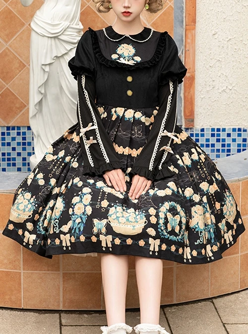 Flower Court Series Cute Sweet Doll Collar Puff Sleeve Floral Print Winter Classic Lolita Long-Sleeved Dress 3 Flower Court Series Cute Sweet Doll Collar Puff Sleeve Floral Print Winter Classic Lolita Long-Sleeved Dress