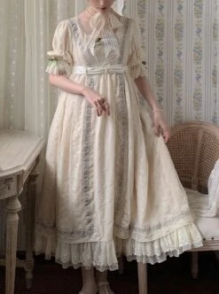 Sally Garden Series Daily Imperial Style Square Neckline High Waist Lotus Short Sleeves Small Floral Embroidery Long Dress OP -MIMY Lolita Shop 1 500x672 638