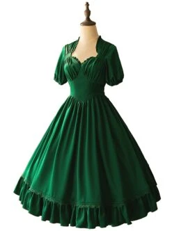 Elegant Satin Lace Lace Collar Tunic Slim Fit Multicolor Puff Short Sleeve Bow Belt Classic Lolita Dress -MIMY Lolita Shop 1 500x672 640