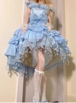 Snow Series JSK Solid Color Layered Pleated Lace Jacquard Star Embroidery Hem Bow Knot Decoration Sequin Pearl Classic Lolita Dress 14 Snow Series JSK Solid Color Layered Pleated Lace Jacquard Star Embroidery Hem Bow Knot Decoration Sequin Pearl Classic Lolita Dress -MIMY Lolita Shop 1 500x672 643