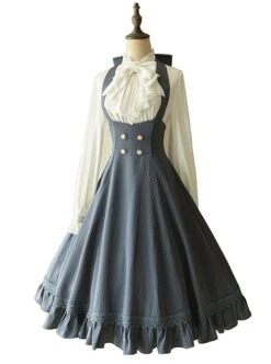 Elegant Slim Fit Detachable Halter Large Bow Striped Pocket Two-Wear Sling Classic Lolita Dress -MIMY Lolita Shop 1 500x672 653