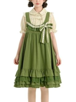 Forest Style Leaf Lace Ruffles Bowknot Sweet Retro Doll Classic Lolita Green Suspender Dress Short Sleeves Shirt Set -MIMY Lolita Shop 1 500x672 659