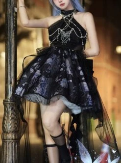 Deep Sea Jellyfish Series Elegant Refined Aquatic Plant Floral Print Pearl Black Yarn Tail Classic Lolita Sleeveless Halter Dress Set -MIMY Lolita Shop 1 500x672 662